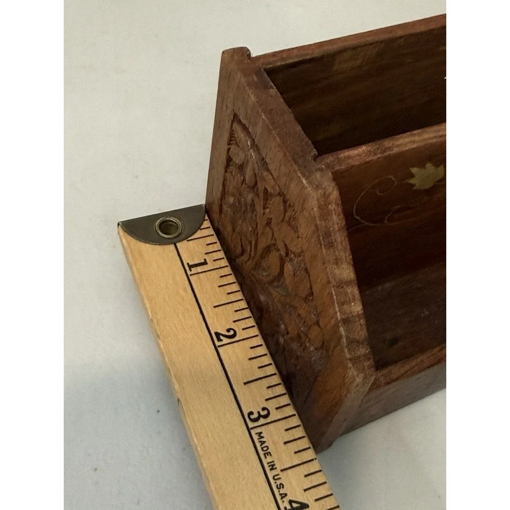 Vintage Wood Desk Organizer Brass Inlay Letter Holder Mail Sorter Paper Caddy